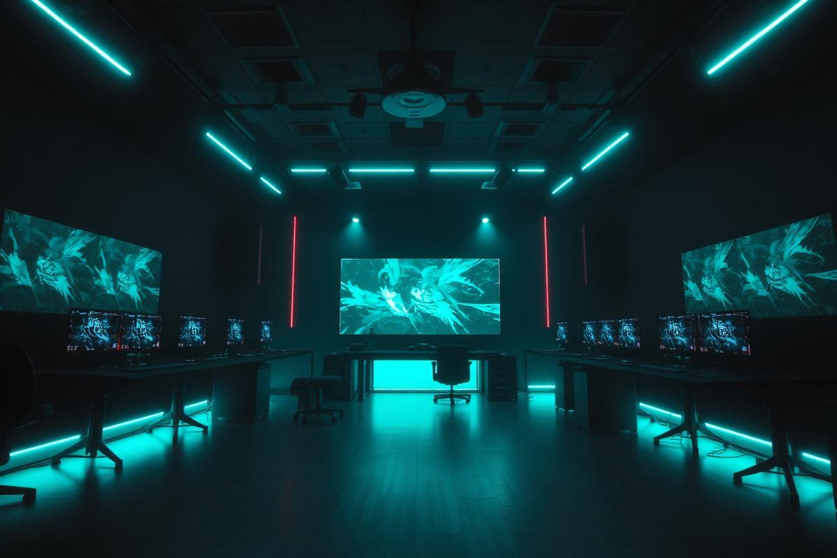 Interior of the CTRL Games studio in Hong Kong with neon teal lighting